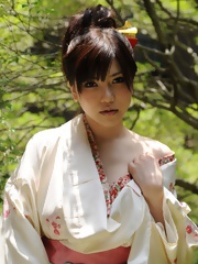 Asian with natural big tits Anri Okita wearing a japanese traditional dress
