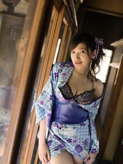 Ruru Asian teen model in kimono takes it off for pictures and smiles